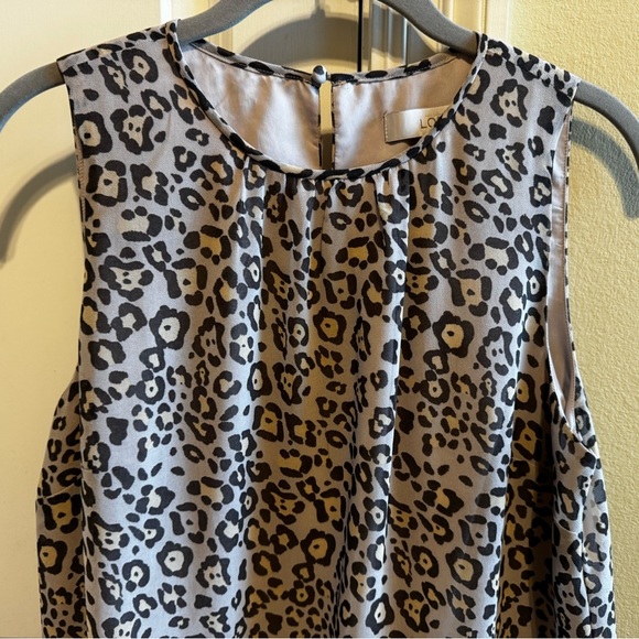 Loft Cream Brown Leopard Print Sleeveless Ruffle Hem Shift Dress Lined Sz M - Picture 2 of 13